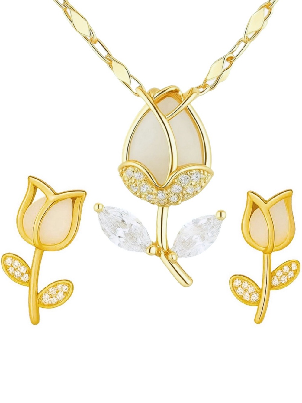 Tulip Earrings & Tulip Flower Pendant Necklace Gold-Tone over Steel